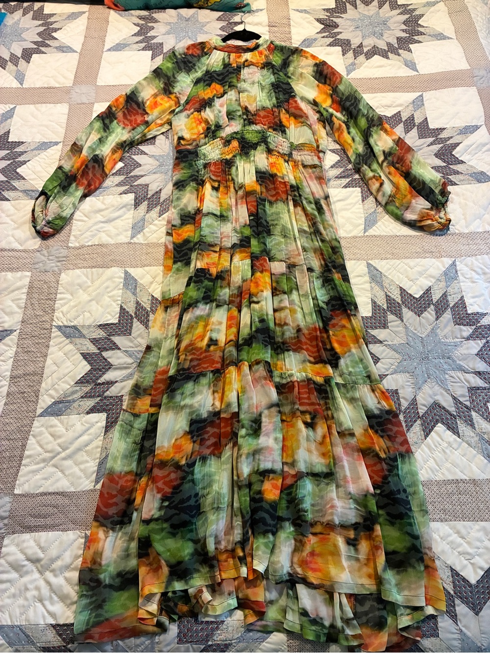 Anthropologie Women's Long Floral Watercolor Maxi Dress in Green and Orange